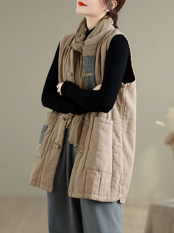 

Женский хлопковый льняной жилет Thiened, зимний теплый традиционный китайский дзен-слай на пуговицах, свободный крой, обычная длина