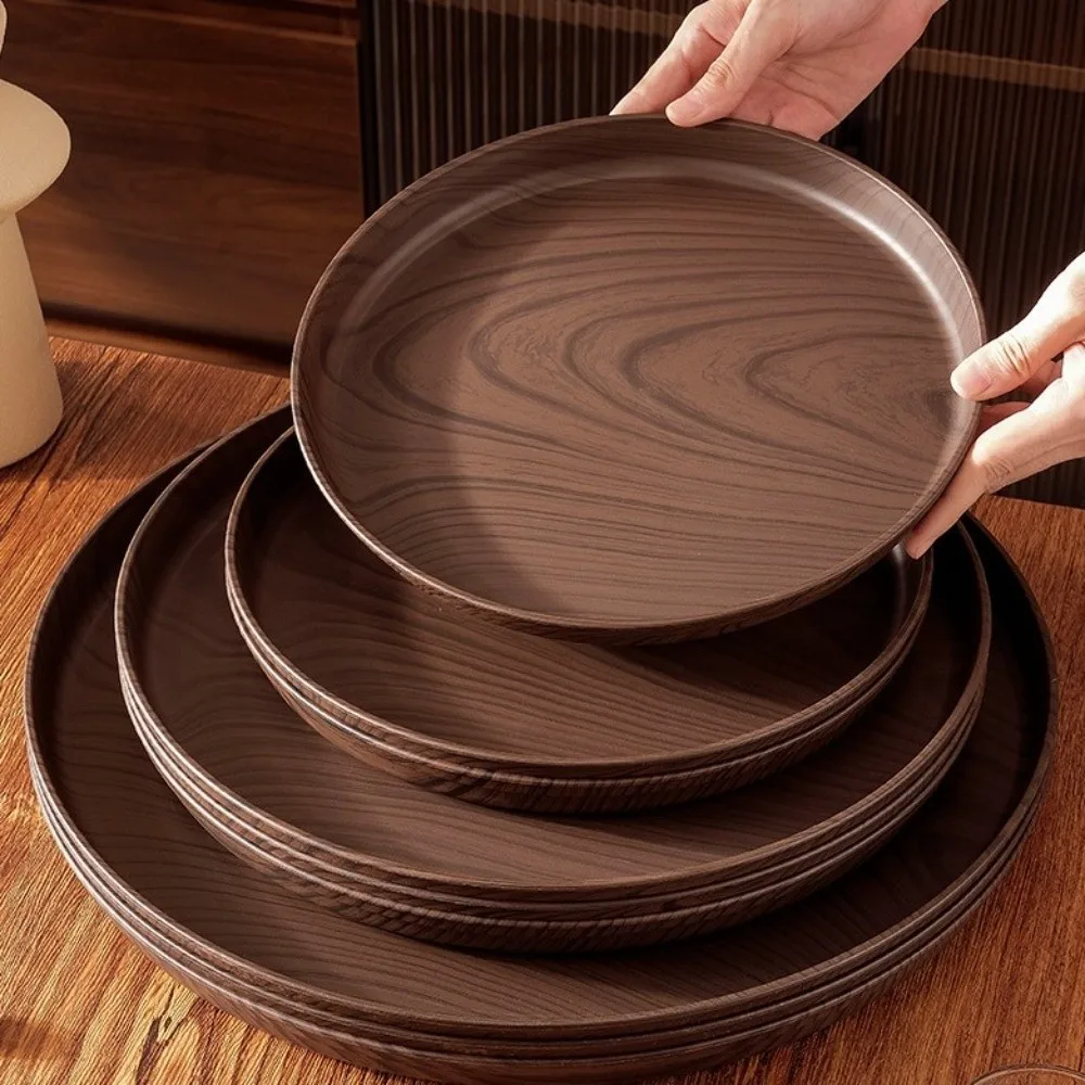 New 20/26/32/38cm Imitation Wooden Tray Handmade Round Shape Imitation Wooden Serving Tray Plastic Food Tray Breakfast Serving