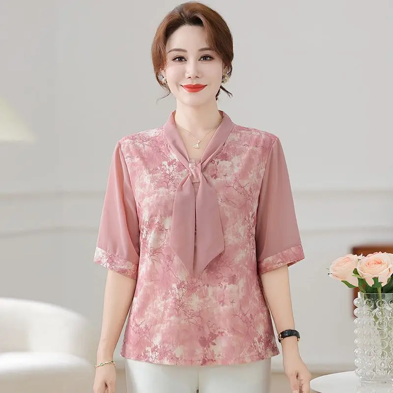 Summer Clothing for Middle Aged and Elderly People Fashionable Short Sleeved T-shirts Summer Temperament Loose Shirts