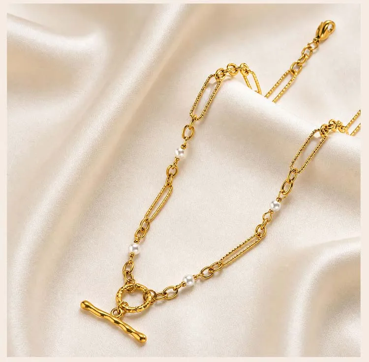 Perlen-Halskette mit Knebelverschluss, 18K IP-vergoldeter Edelstahl, Hypoallergener Büroklammer-Ketten-Schmuck – Detail 4