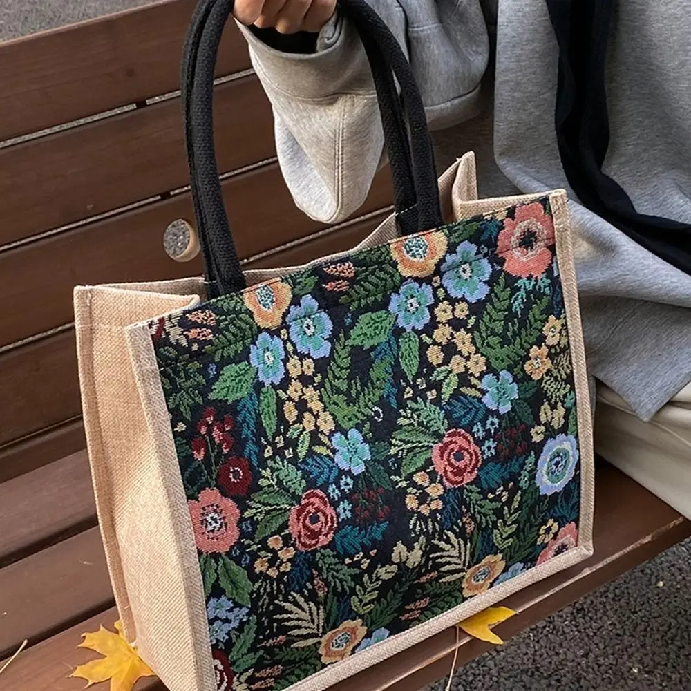 

Large Capacity Ethnic Style Handbag Cotton and Line Flower Floral Pattern Tote Bag Canvas Storage Bag Cloth Bag Cosmetic Bag