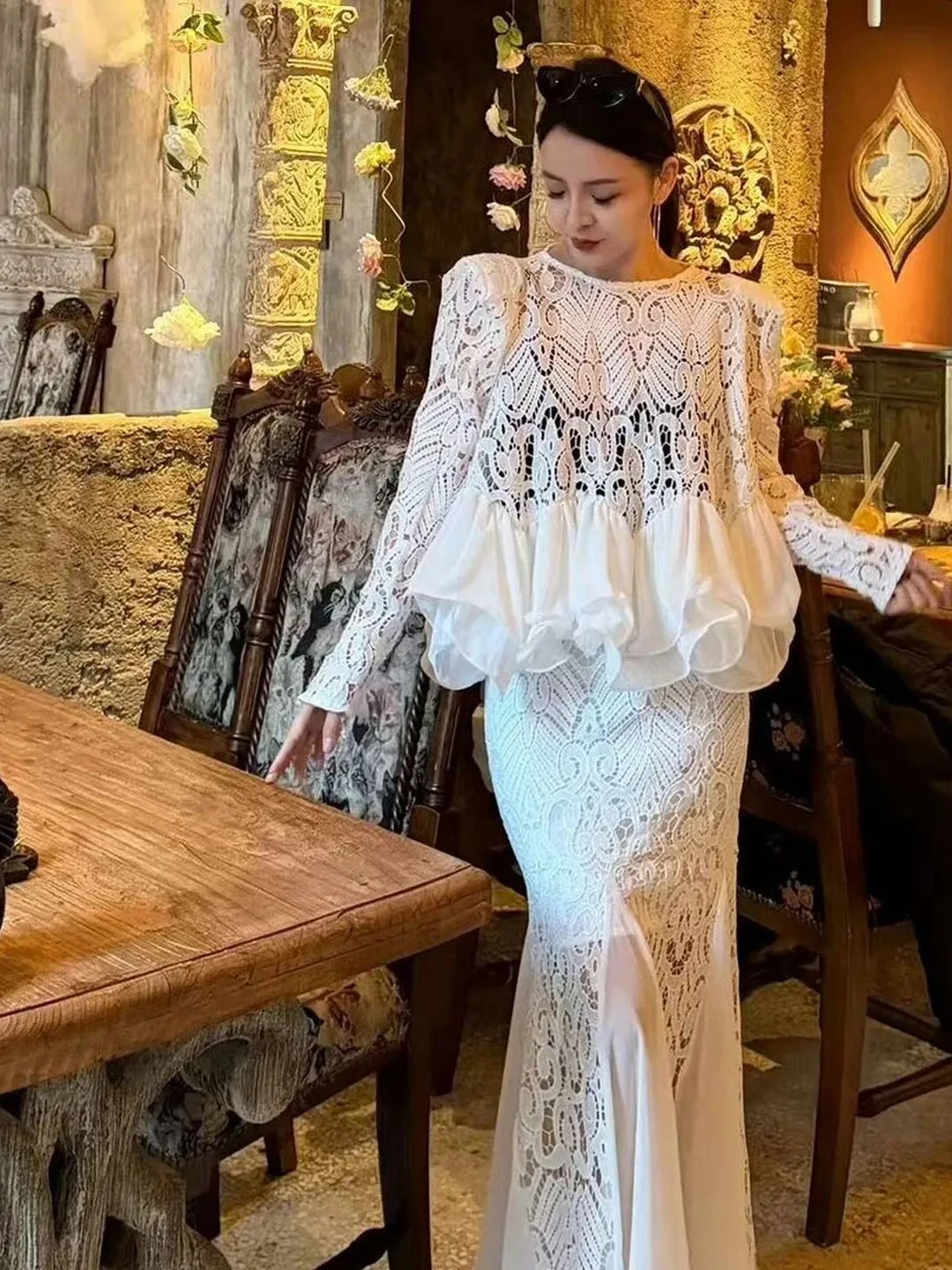 

Elegant Lace Splice High-End Spring 2026 Women's Shirt Top And Skirt Set Fashionable Casual Sportswear Ensemble