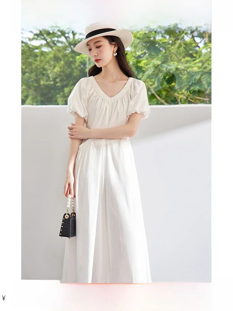 

Elegant V-Neck White Dress Women's Short Sleeve A-Line Skirt Slimming Summer New Style Fashionable Waist-Cinching Dress