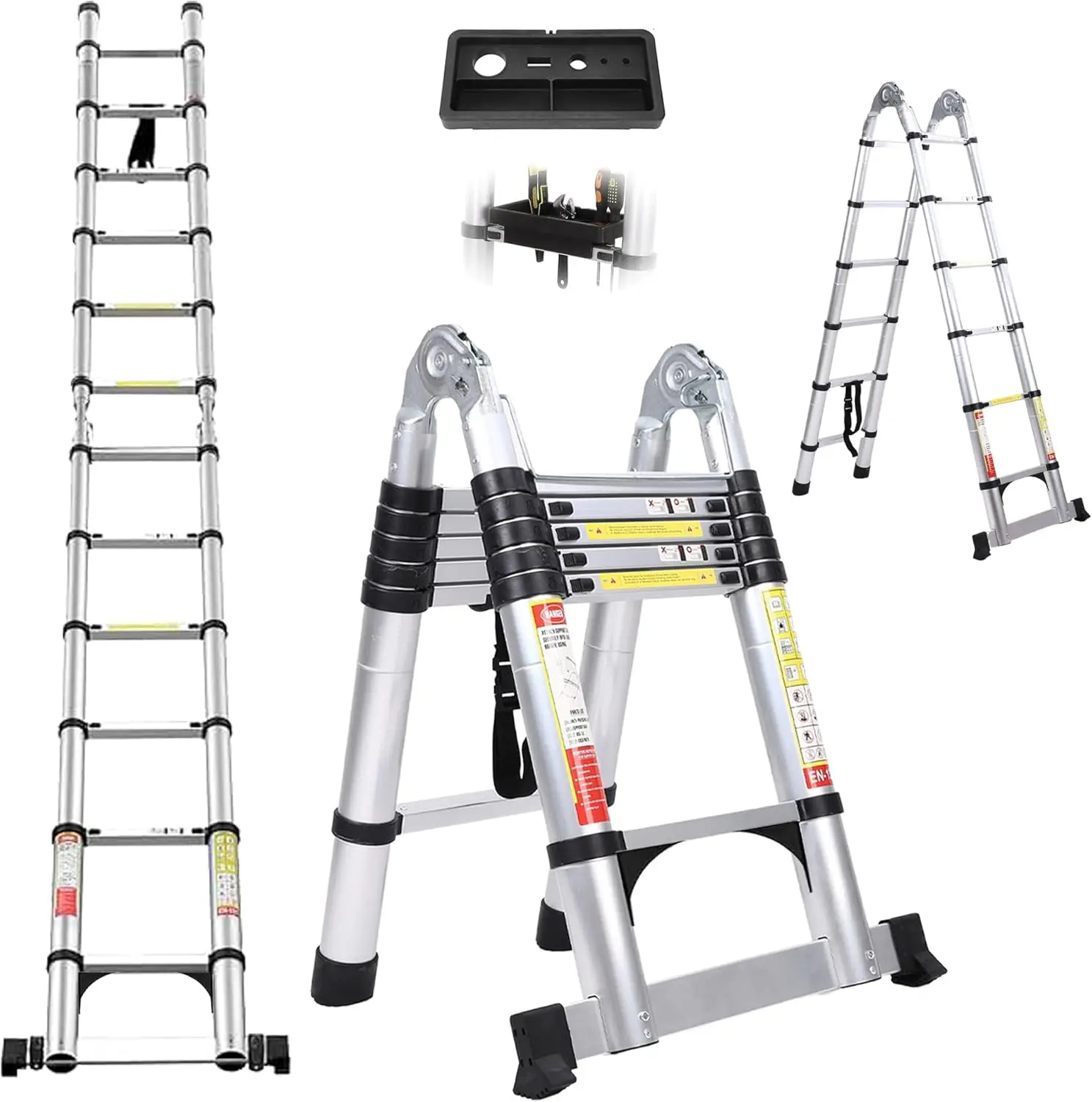 

Folding Ladder with Tool Tray and Wheel, Multi-Purpose Extension Ladder Indoor and Outdoor Worker's Helper