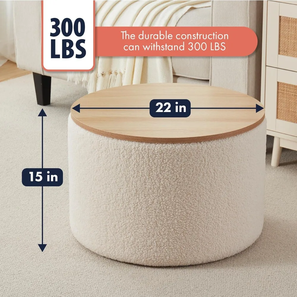 22 inch Large Round Ottoman Coffee Table Storage Ottoman with Wooden Lift Off Lid, Ottoman with Storage for Living Room