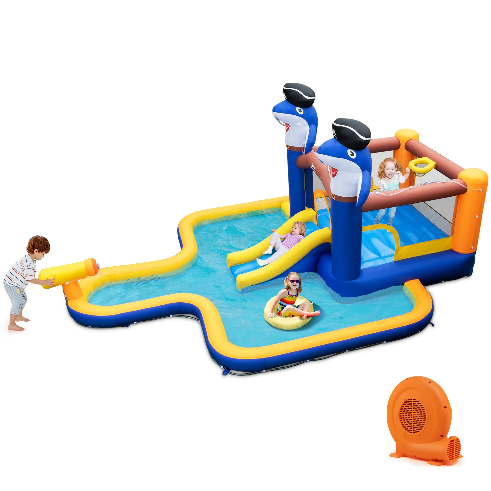 

Inflatable Water Slide Park Bounce House Splash Pool Water Cannon w/ 680W Blower