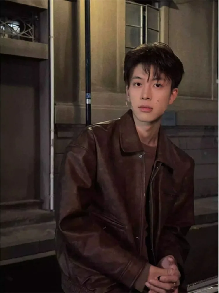 

Brown Leather Jaet Men's Trendy High-End ort Vintage Motorcycle Pilot American Sle Jaet Polyester Winter Youth