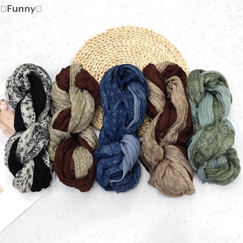 ómGrappig zasNieuwe sjaal Katoen Hennep Gradiënt Blauw Retro Veelzijdig Bedrukt Dames Lange vouw Sjaal Zacht Modieus Trend 180x90cm