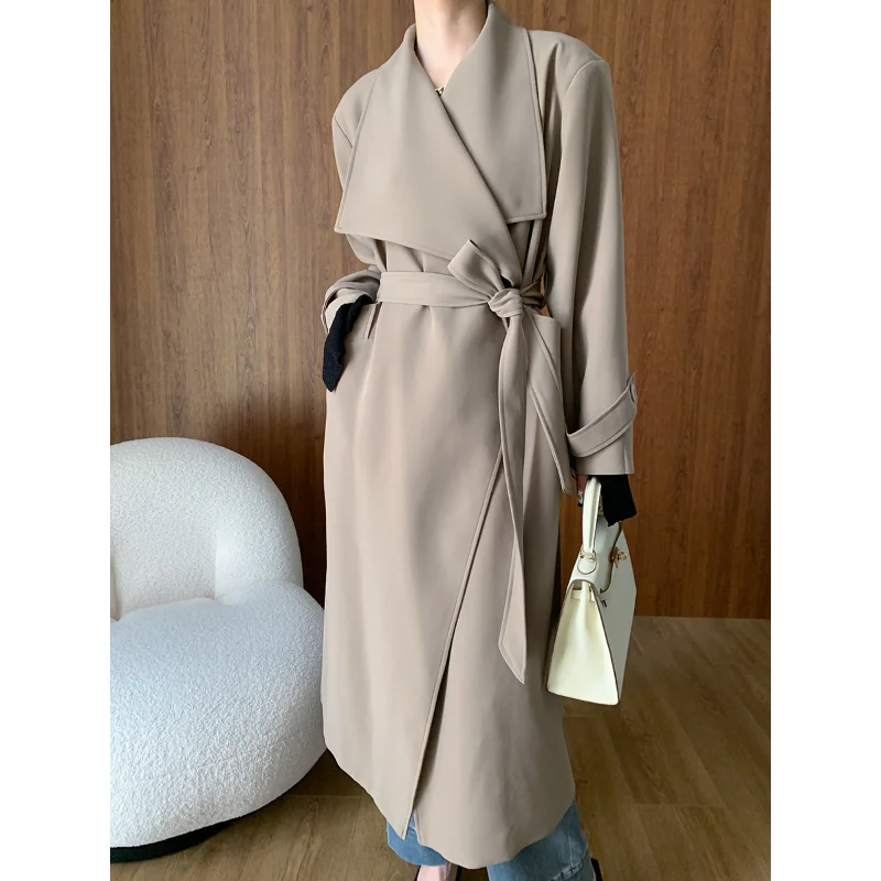 

Women Khaki Large Lapel Trench Long Coat Long Sleeves Casual Loose Black Versatile Chic Autumn French Elegant Office Lady Coat