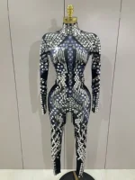Sexy Shiny Silver Sequins Mirror Black Spandex Jumpsuit 2025 Women Prom Dancer Singer Costume Evening Birthday Show Stage Outfit