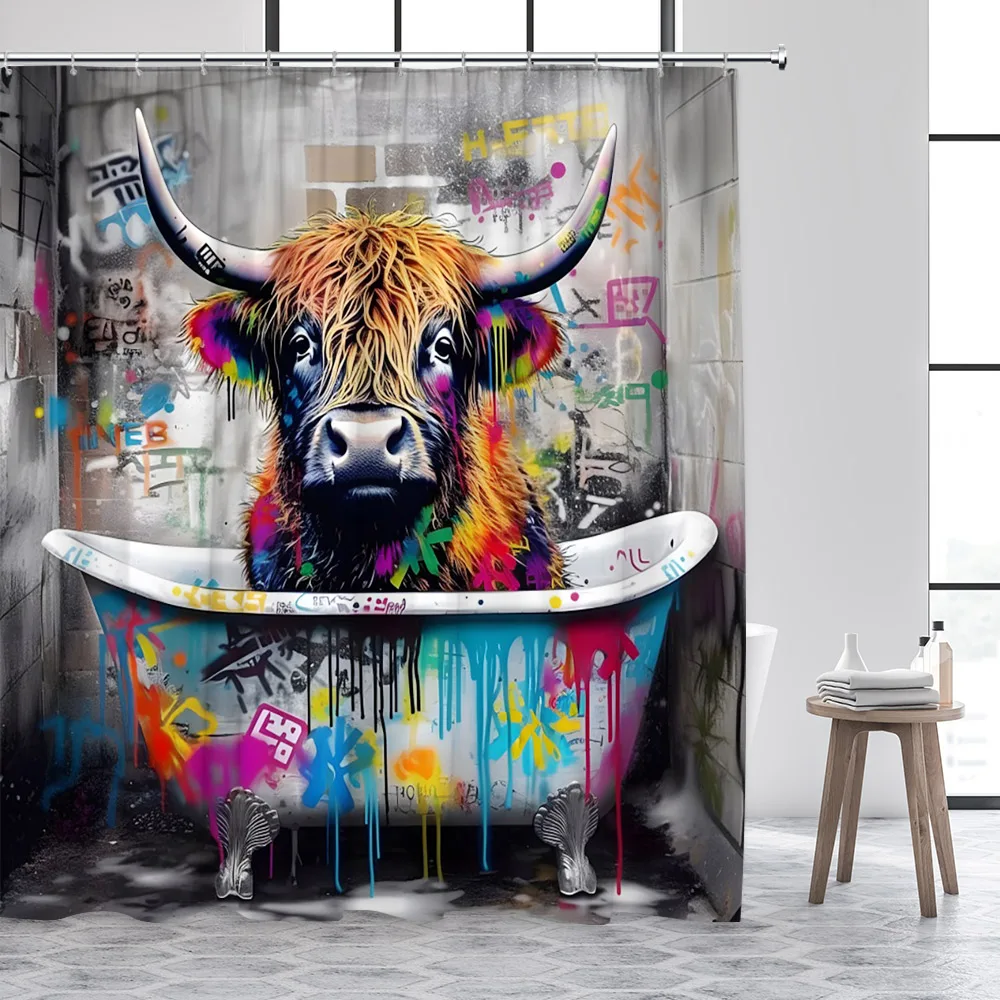 Highland Cow Shower Curtain Rustic Brown Cattle Funny Farm Animal Bath Curtains Polyester Fabric Bathroom Decor Set with Hooks