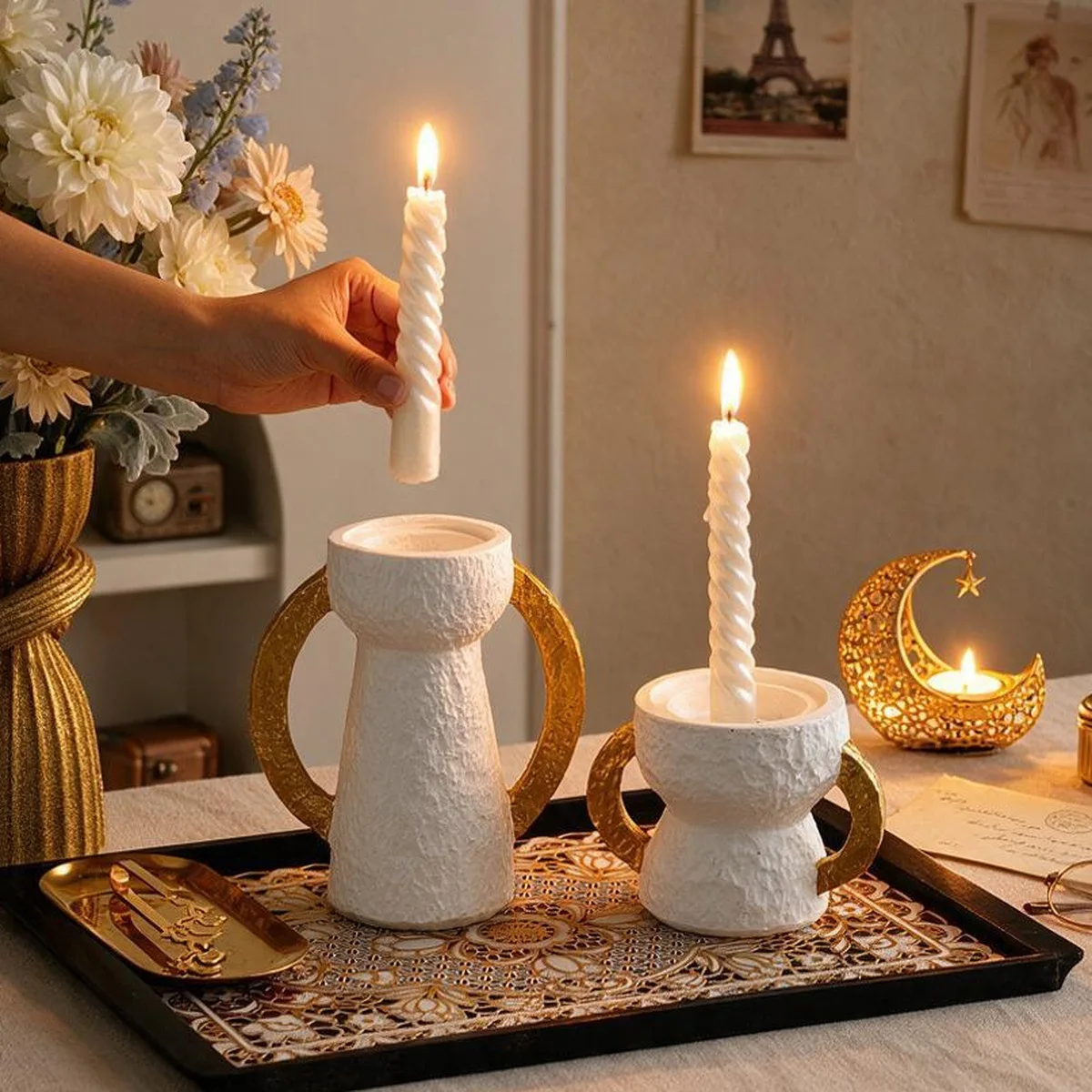 Resin Taper Candle Holder with Double Golden Ears, Textured Candlestick Table Home Decor
