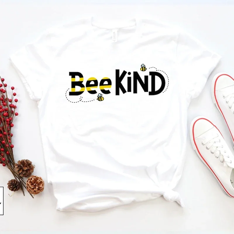 Women Short Sleeve T Shirt Bee Kind Cute Bees Printed Cotton High Quality Graphic Tee Fashion Clothing Fashion O Neck T Shirt