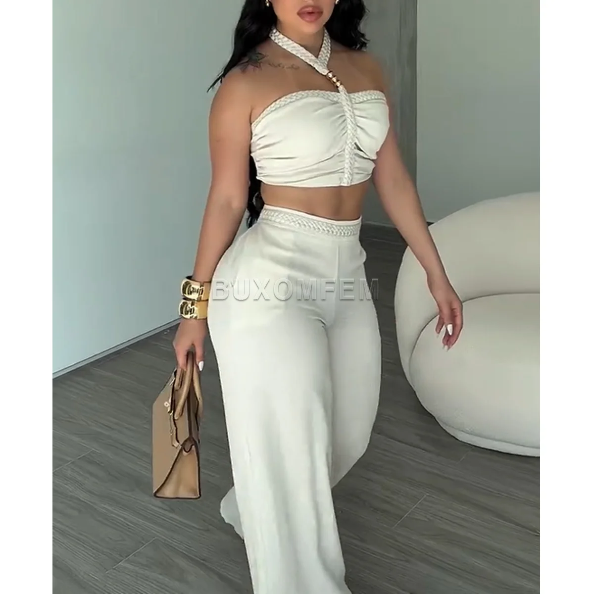 Two Piece Woven Strapless & Trimmed Flared Pants Set Women's Fashion Jumpsuits Streetwear Outfit Stylish Evening Party Clothings view 4