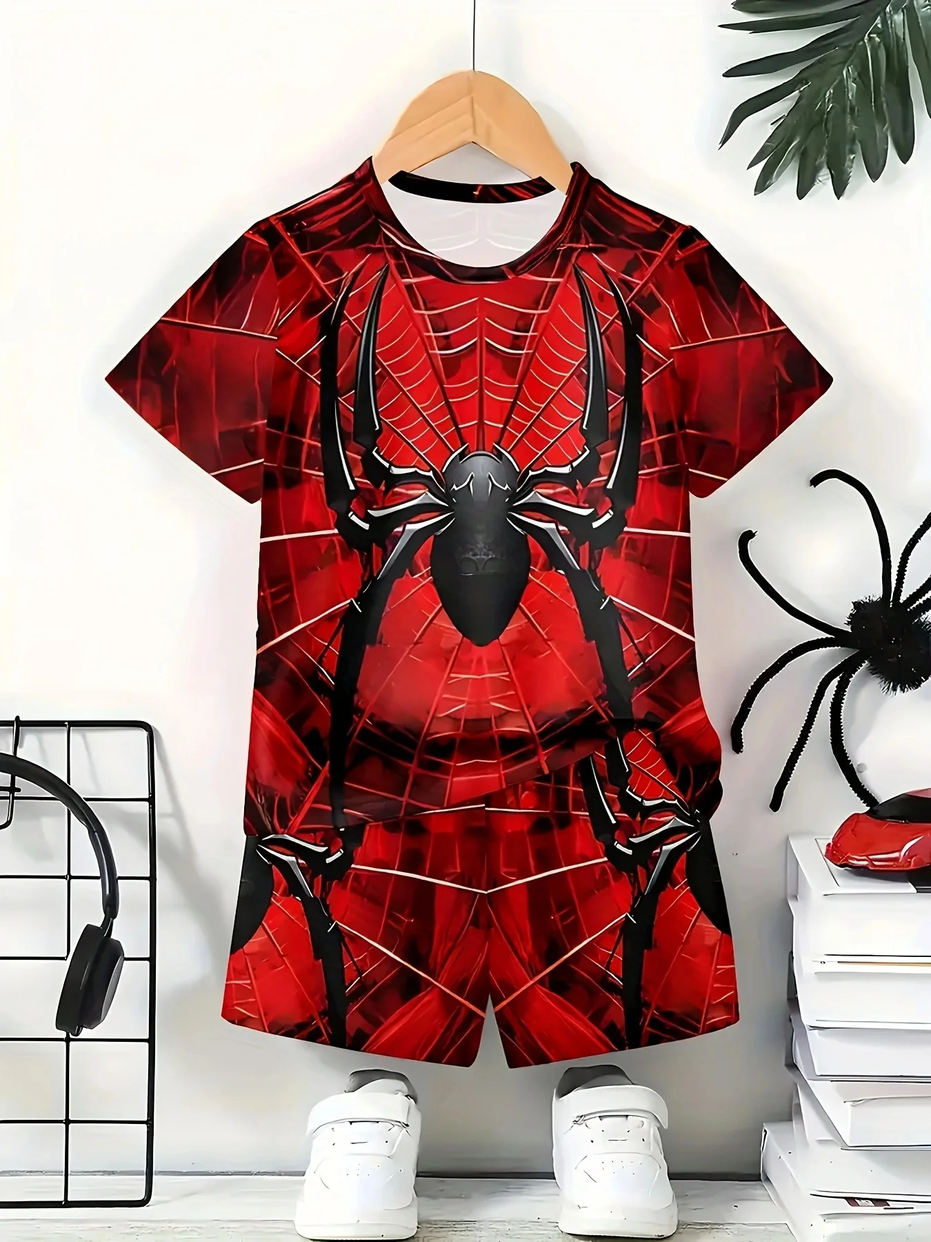 

1-6 year old boys' summer cartoon spider print short sleeved round neck top shorts casual set children's clothing