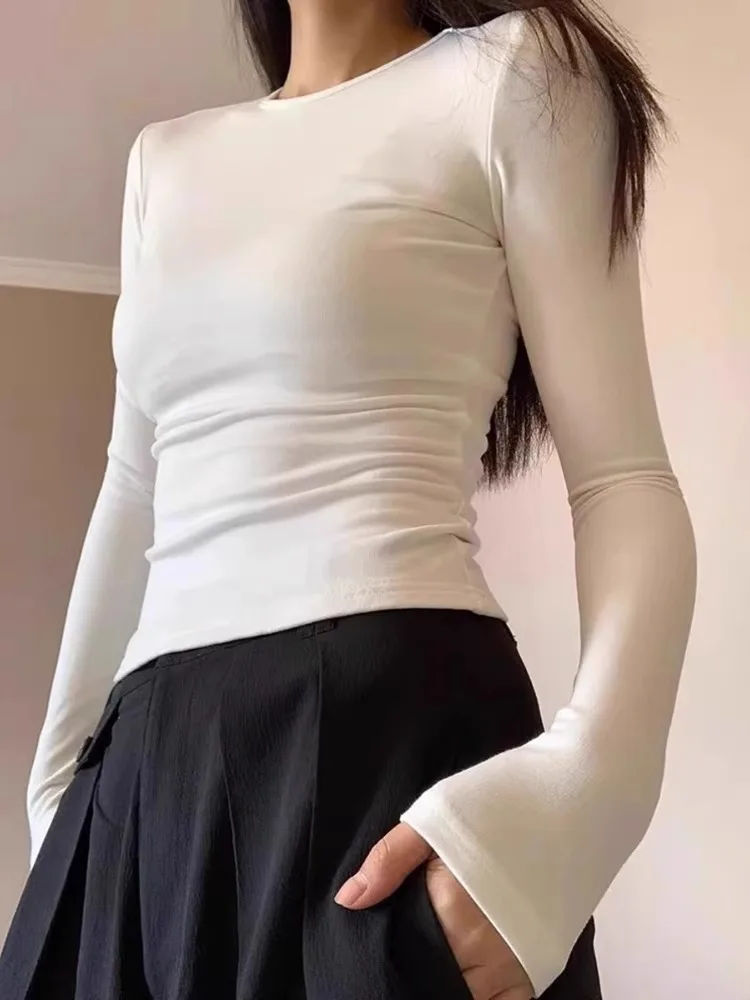 White Base Layer Shirt Women's Autumn Winter New Style 2026 Inner Wear Flocking Warm Slimming Long Sleeve round Neck Top