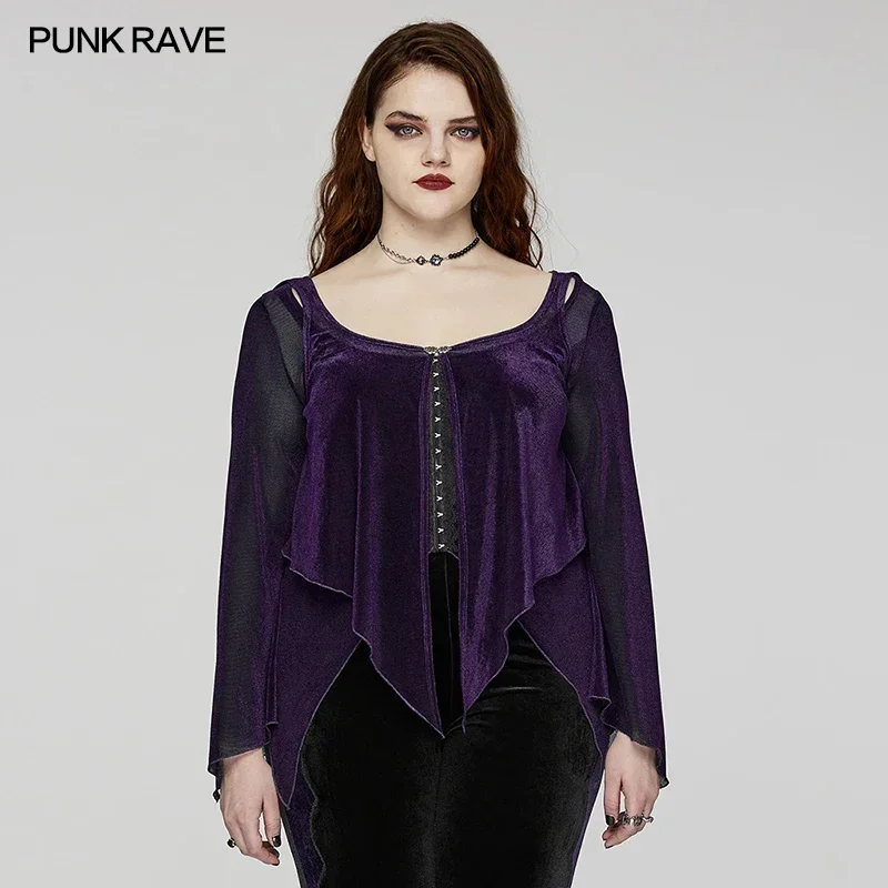 PUNK RAVE Women's Gothic Fake Two-pieced Elastic Flocked Mesh Long Sleeve Shirt Gorgeous Lace Exquisite Clasps Purple Tops