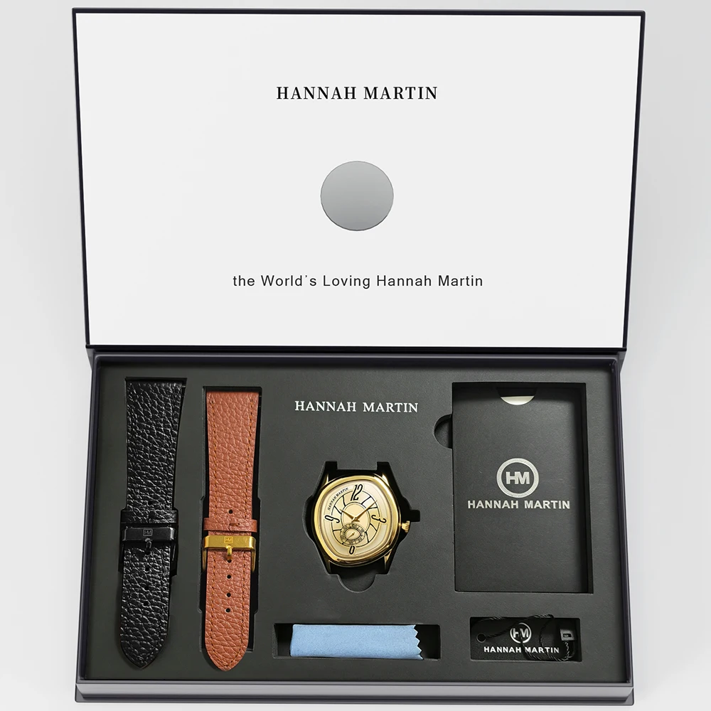 HANNAH MARTIN High-end Man Watch Creative Leather Atmospheric Noble Gift Box Set Gold Dreamy Geometric Case  Watch Men Clock