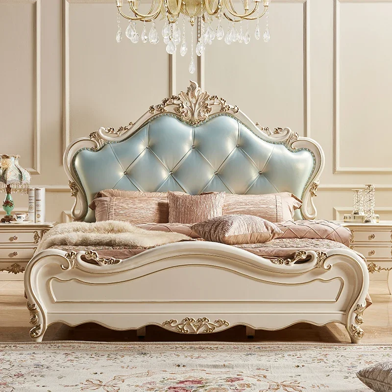 

Solid Wood European Double Bed Princess Leather Aesthetics Fashion Luxury Bed Bedroom Wedding Sleeping Muebles Unique Furniture