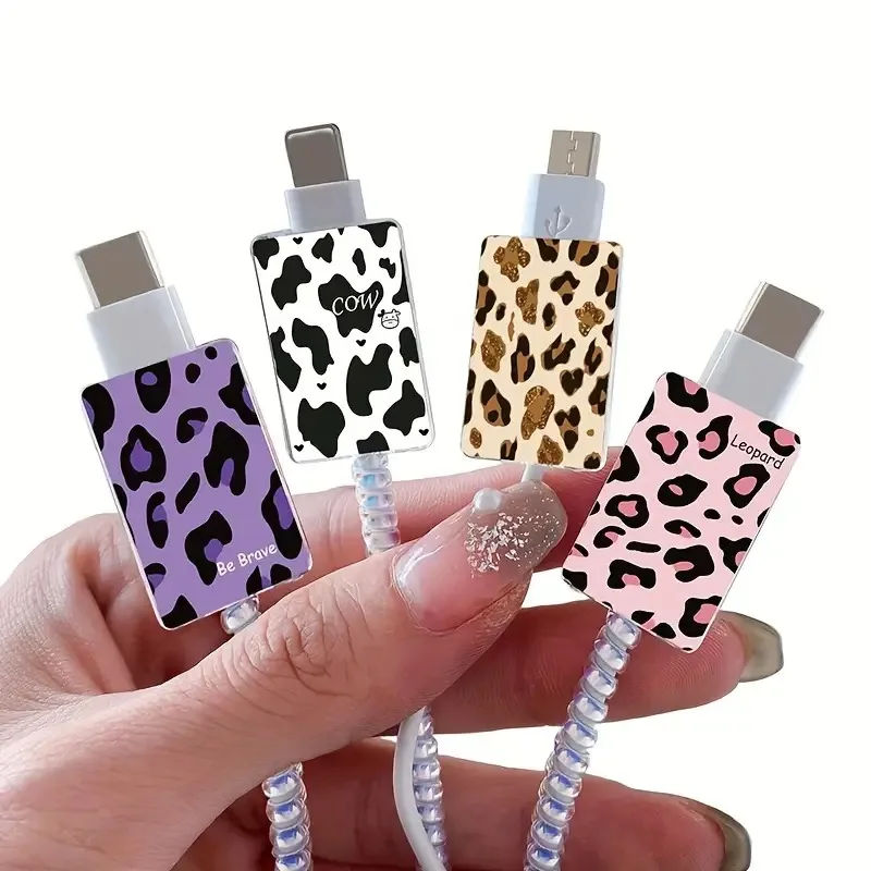 

4pcs Leopard Print Heart Silicone Charger Cable Winder Fast Charging Cable Protector Sleeve for Apple IPhone Data Cord Case Clip