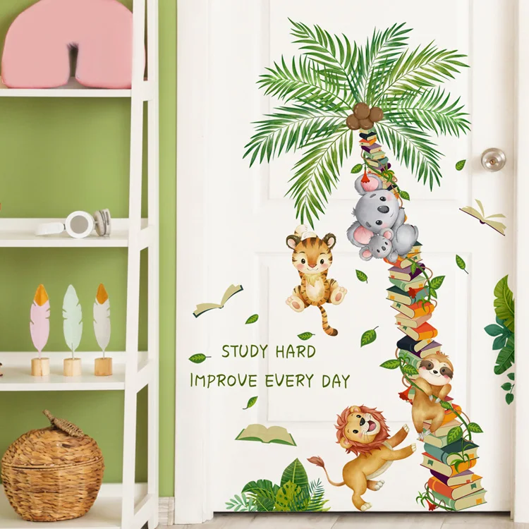 Cartoon-Tiere, Kokospalmen-Wandaufkleber, Kinderzimmer-Hintergrunddekoration, Wandbild, selbstklebende Aufkleber für das Babyzimmer, Heimdekoration. – Detail 6