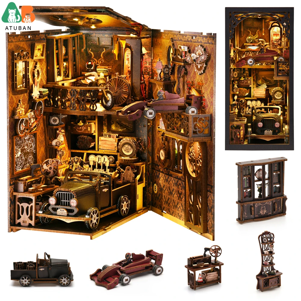 ATUBAN Book Nook Kit Classic Car F1 Puzzle in legno fai da te Bookshelf Insert Decor Dollhouse Model Bookend Building Decoration Gifts