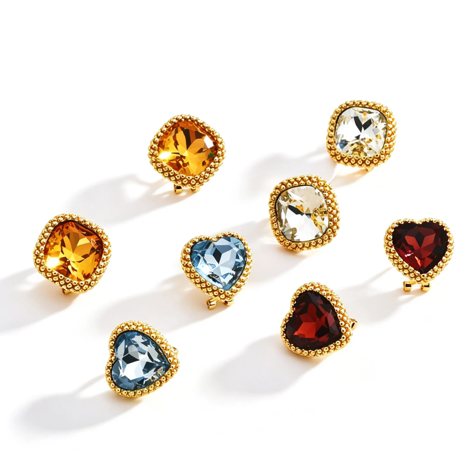 1Pair Vintage Heart Square Glass Crystal Stud Earrings Gold Plated Brass Beaded Frame Ear Post Earrings Elegant Women Jewelry