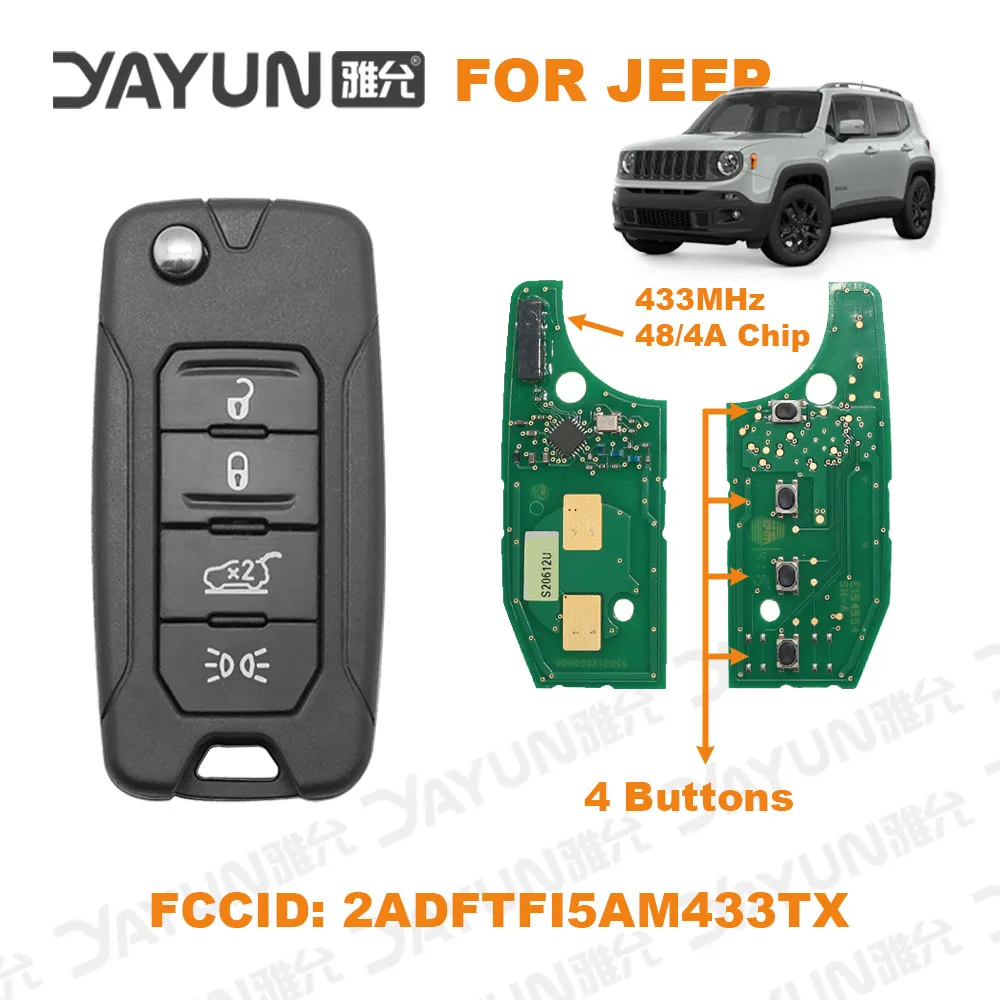 YAYUN 4 Buttons 2015/6/7/8 Flip Remote Car Key 433MHz ID48/4A Chip FCC 2ADFTFI5AM433TX SIP22 Blade With Logo For Jeep Renegade