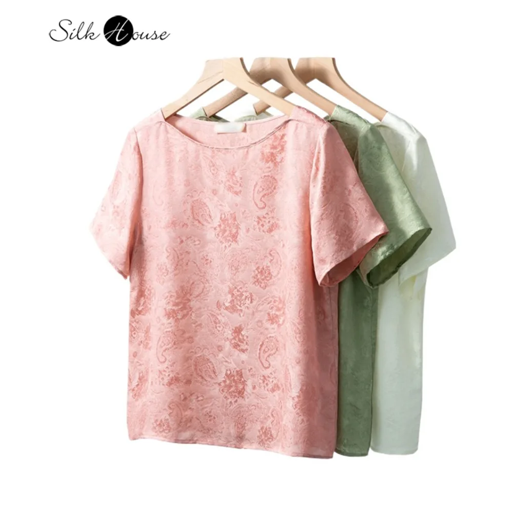 

2026 Women's Spring/Summer New 100% Natural Mulberry Silk Flower Rose Jacquard One Neck Solid Color Short Sleeve Loose T-shirt