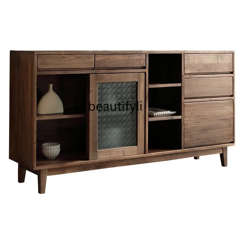 K132 VNordic Solid Wood Sideboard Cabinet Black Walnut Wooden Liquor Cabinet Tea Cabinet Glass Display Locker