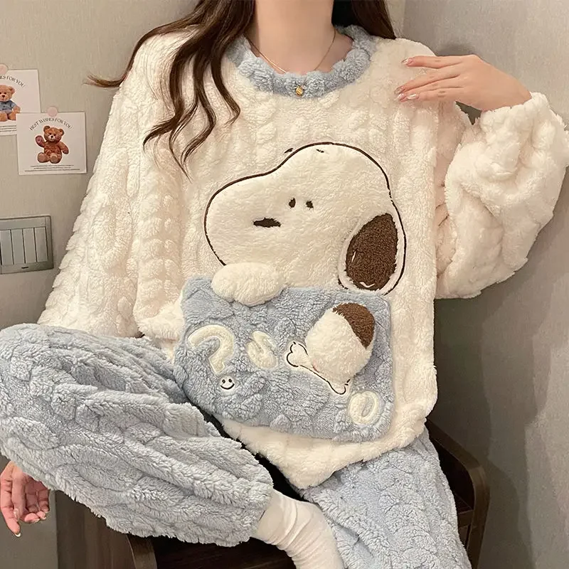 Snoopy Women Pajamas Set Solid Warm 2PCS Sets Thicken Velvet Fleece Set Cartoon Cute Winter Sleepwear Home Suit Loungewear Gifts