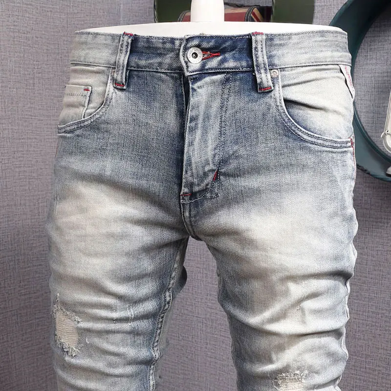 Fashion Designer Men Jeans High Quality Retro Light Blue Plain Washed Slim Fit Ripped Jeans Men Patched Vintage Denim Pants
