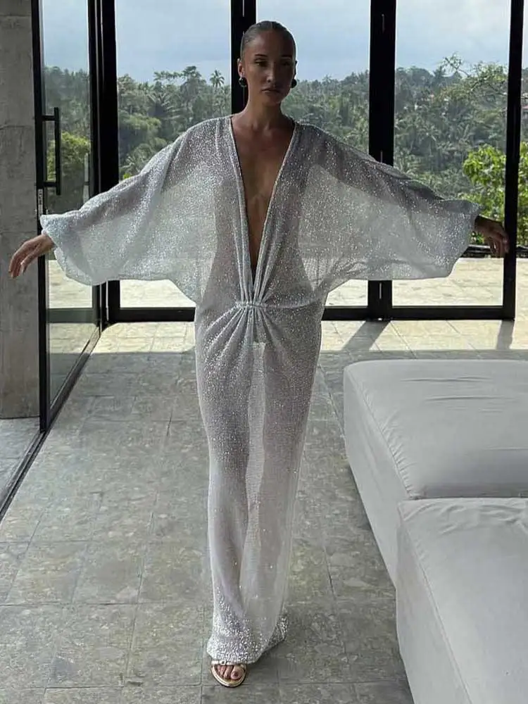 GACVGA Sexy durchsichtiges, lockeres Maxikleid, Sommerkleid mit glänzenden Pailletten, tiefem V-Ausschnitt, Fledermausärmeln, elegantes langes Kleid für Damen, Club- und Partykleid