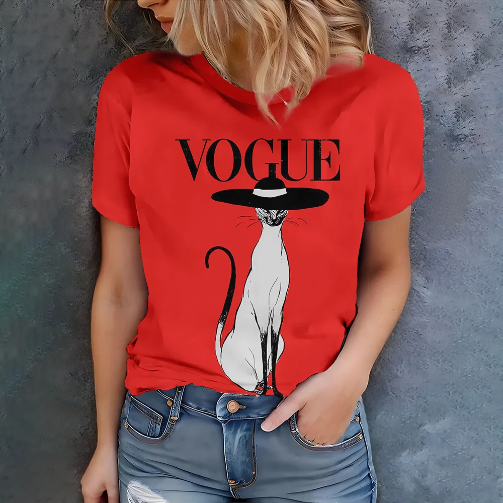 

Trendy and elegant style, warm red base, fashionable cat print, daily casual versatile women's short sleeved T-shirt