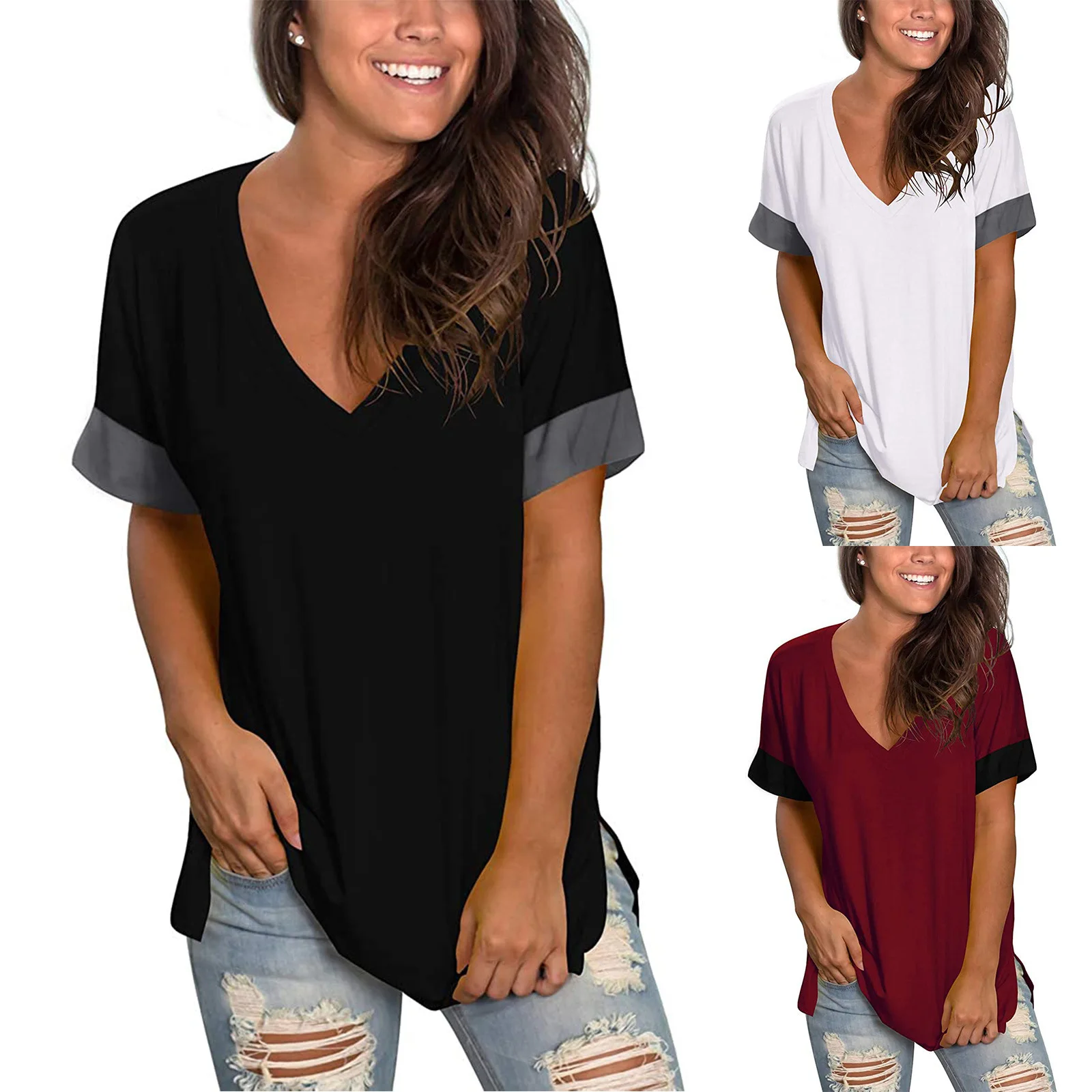 Summer New Women Cross-border Base Shirt Solid Color V-neck Short Sleeve Stitchin Female Tops