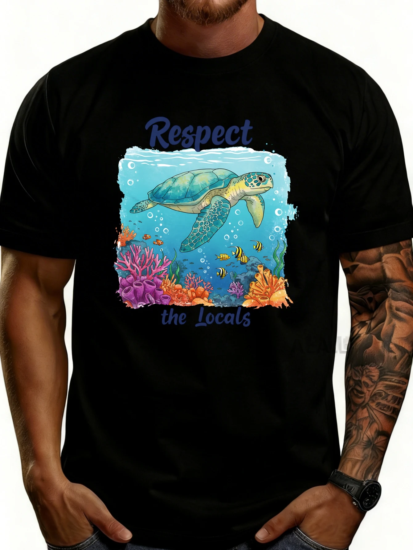 Casual Style Men's T-Shirt with Sea Turtle and Coral Reef Design, Summer Beach Wear, Gift for Ocean Lovers