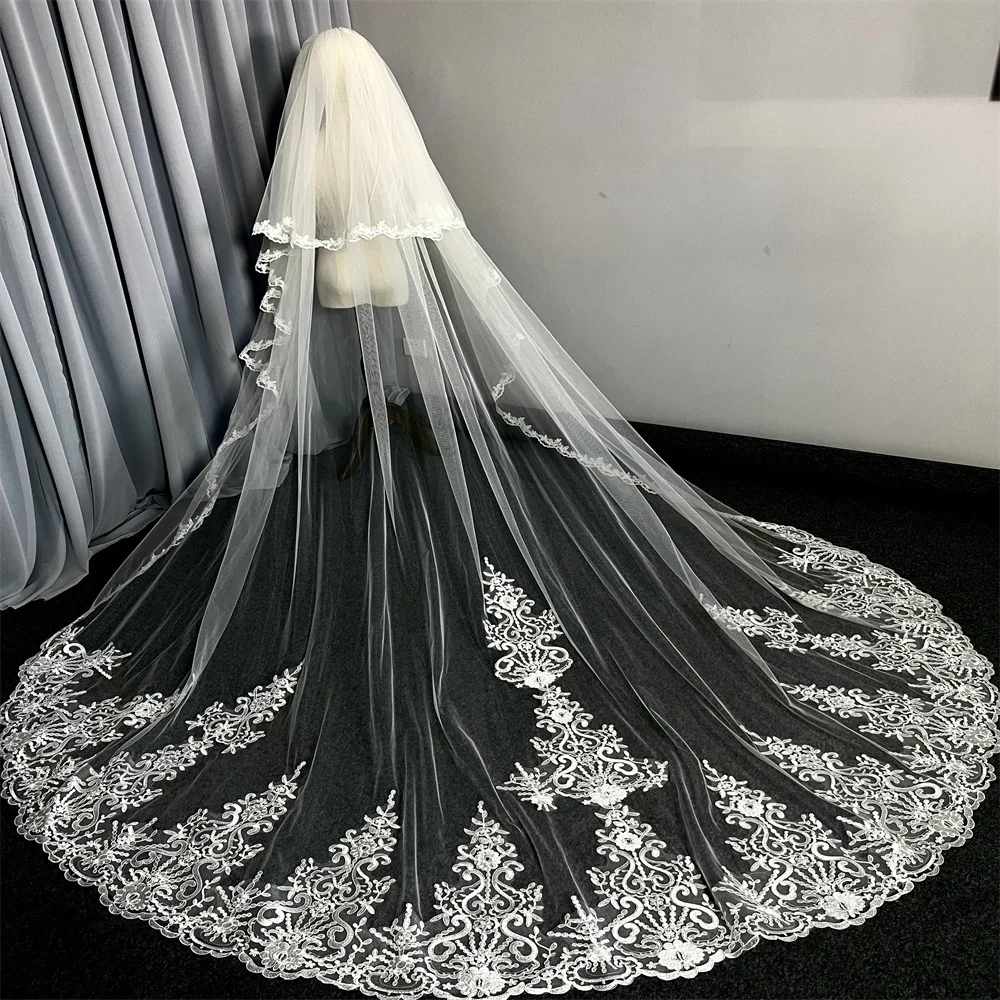 Cover face Real Photo 3m two Layer Wedding Veil With Comb White Lace Edge Bridal Veils Ivory Appliqued Cathedral Wedding Veil