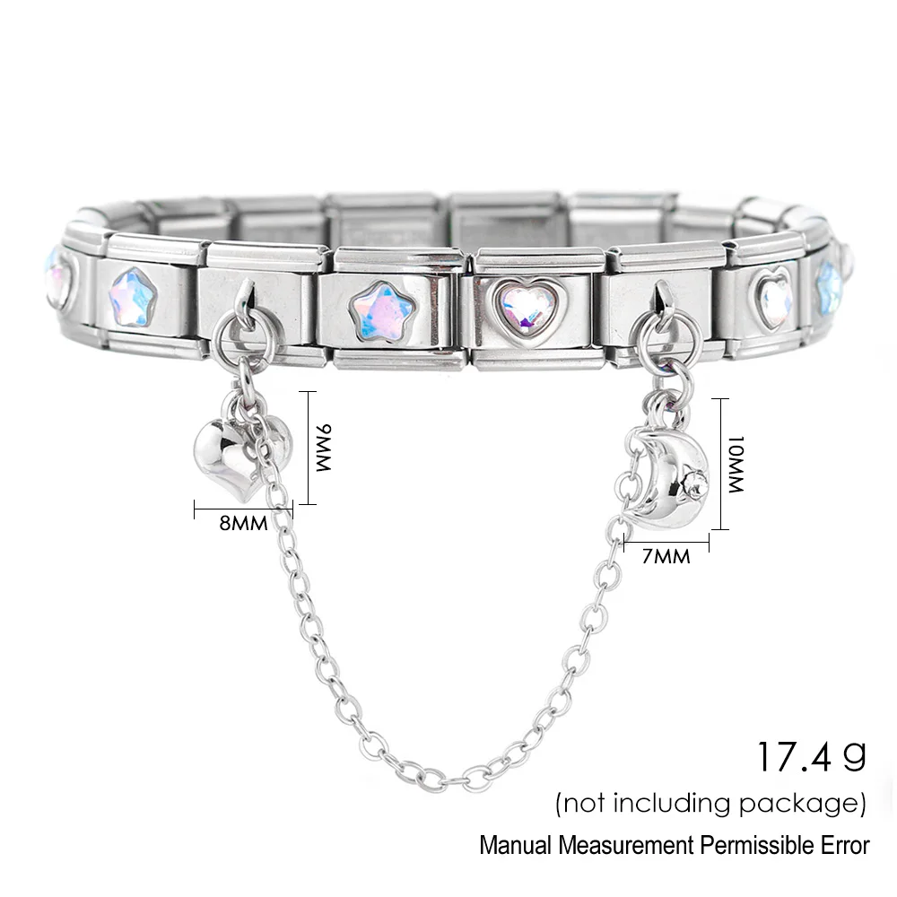 9mm Italian Stainless Steel Bracelet Trendy Heart Star Element Tool Combination Set DIY Charm Couple Jewelry Gifts 18pcs Pack
