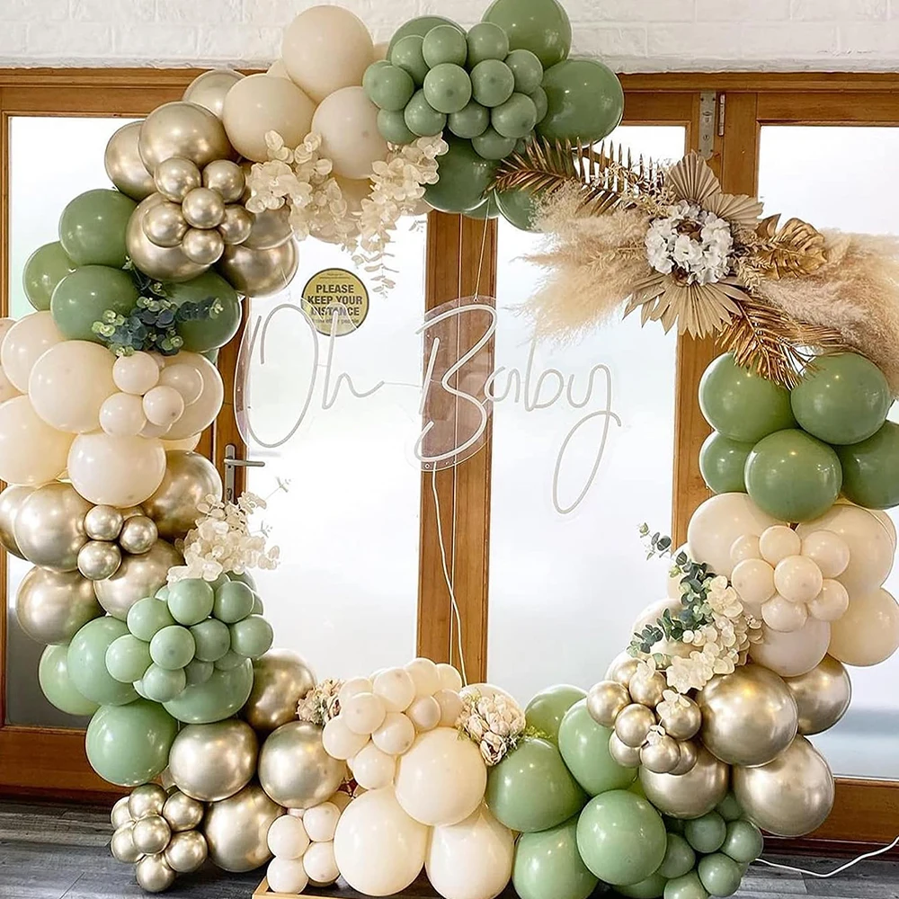 147Pcs Avocado Green White Sand Balloon Sage Green Gold Balloons Garland Arch Kit Jungle Safari Baby Birthday Party Decoration