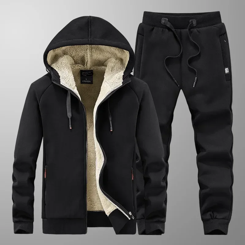 

Hoodies + Pants Thermal Hoodies Fleece Tracksuit Hooded Windproof Mens Sportswear Thick Warm Cashmere Sets Men Winter 2 Pieces