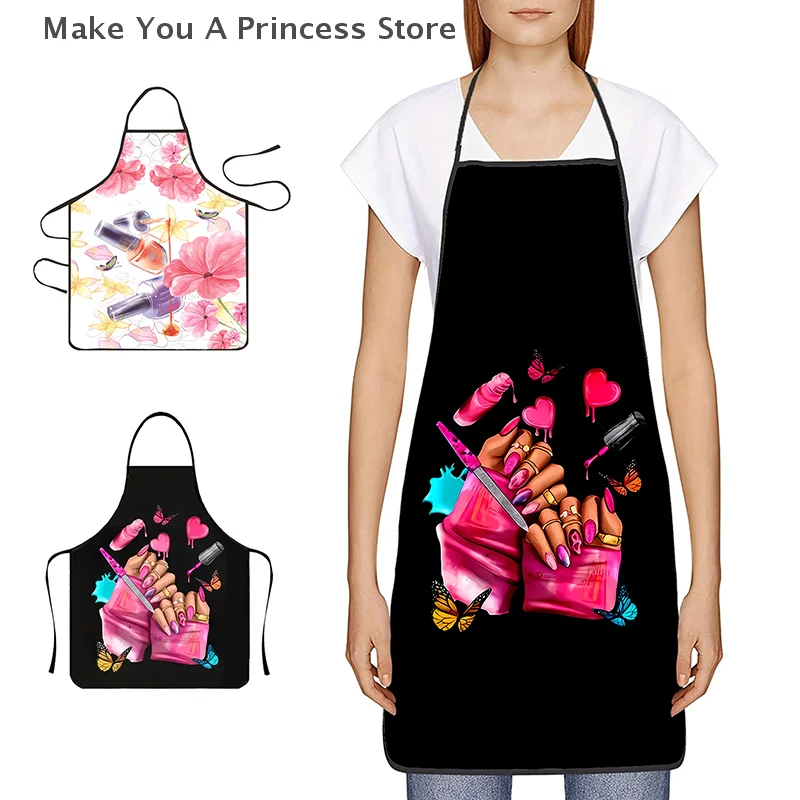 Nail Polish Printing Beauty Kitchen Women Apron Household Cleaning Pinafore Salon Home Cooking Baking Manicure Work Clothes