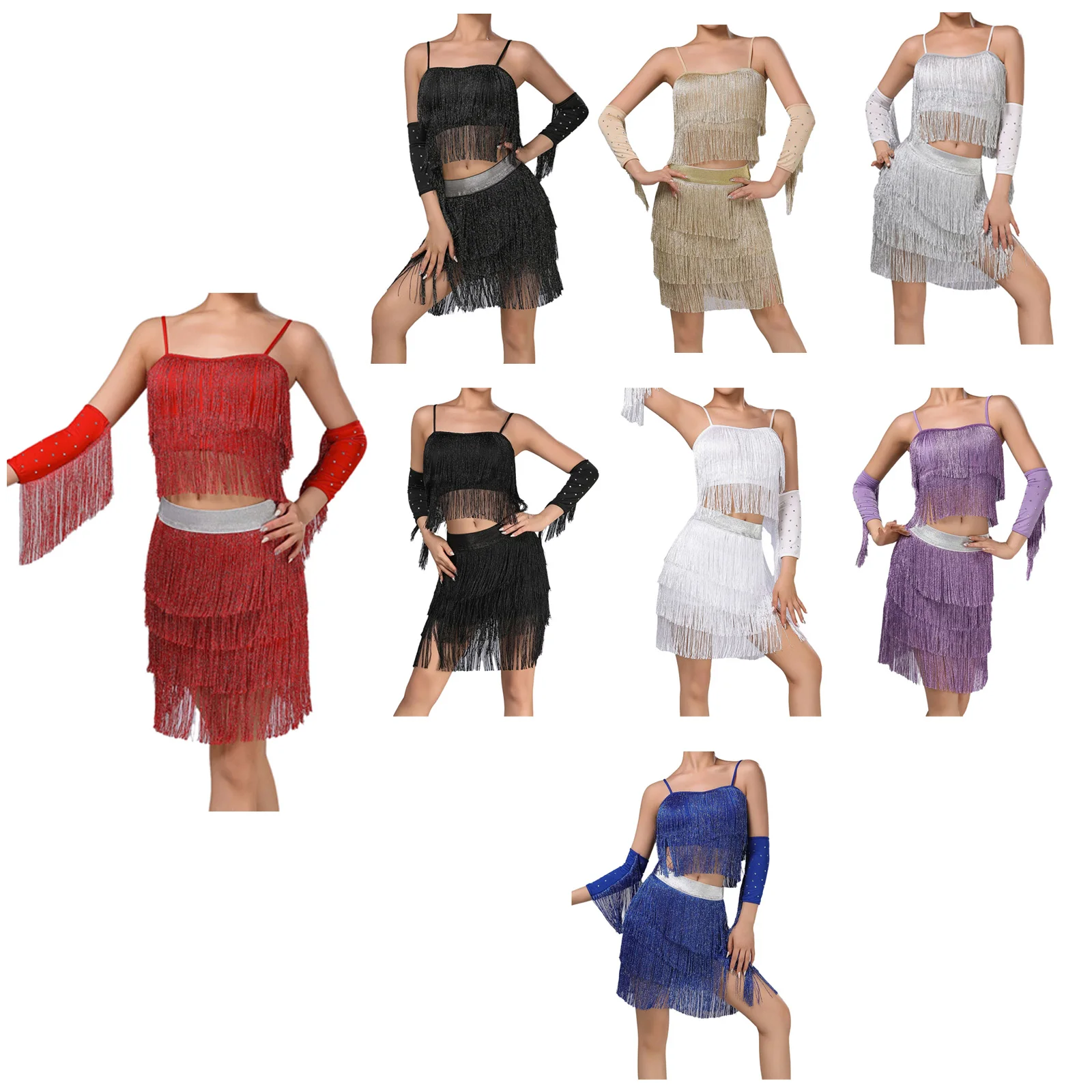 

Womens Latin Cha Cha Dancewear 3 Piece Set Tassel Crop Top And High Waist Skirt with Detachable Sleeves Latin Dance Costume