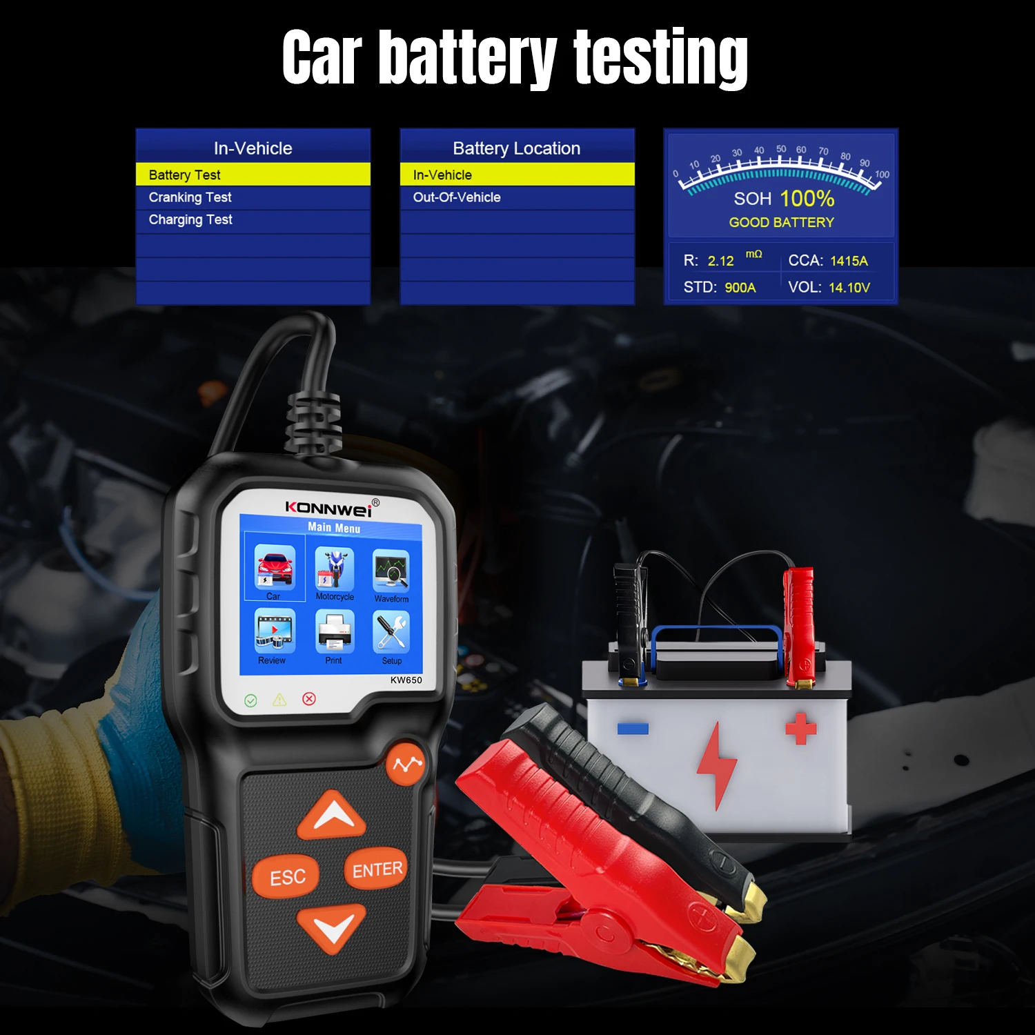 KONNWEI KW650 جهاز اختبار بطارية السيارة 6 فولت 12 فولت دراجة نارية السيارات السيارات محلل 100 إلى 2000 CCA سيارة موتو التحريك شحن أداة اختبار #6