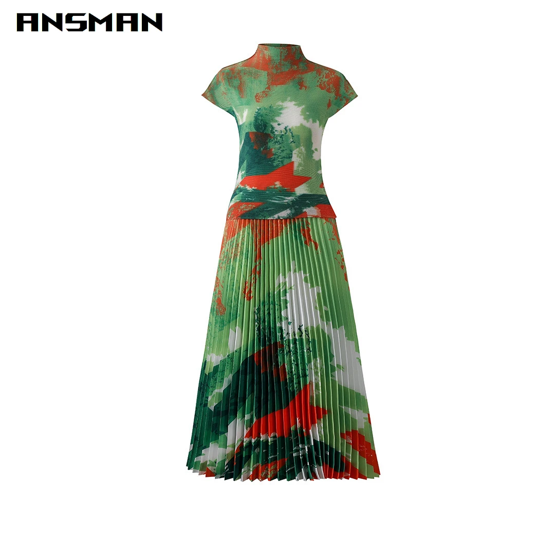 

Miyake Pleated 2023 Autumn New Round Neck Colored Print Short Sleeve Corn Grain Pleated Long Dress Temperament Set for Women