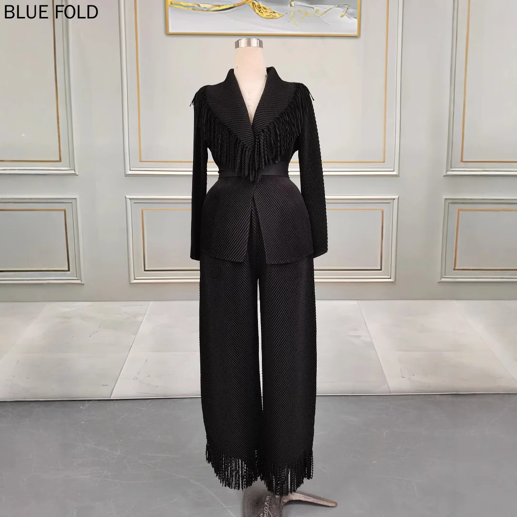 MIYAKE-Ensemble deux pièces élégant pour femme, grande taille, plis en écailles de poisson, frange, mode européenne et américaine, vêtements décontractés