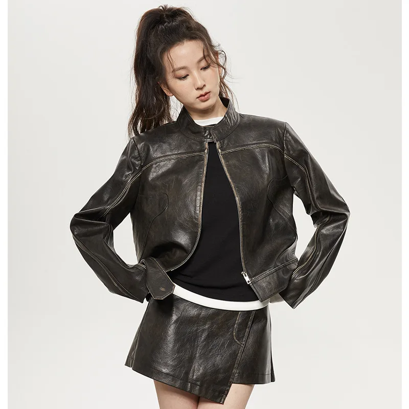 Motorcycle Wind Leather Jacket Jacket Women 23ss Fall and Winter Models Retro Casual Mini Short Leather Skirt Pants Suit