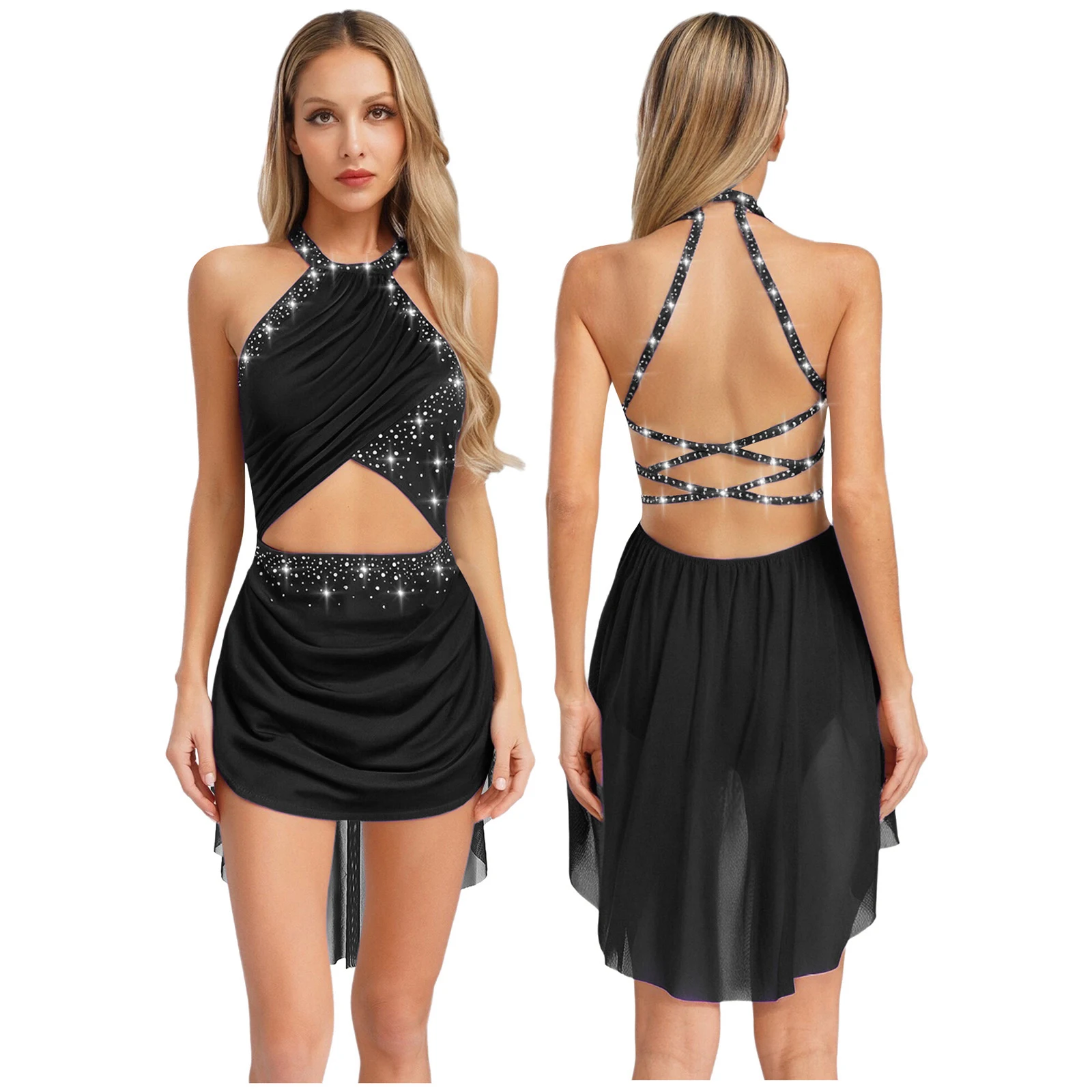 

Women Figure Ice Skating Lyrical Dance Dress Mesh Splice Leotards Dress Gymnastic Ballet Modern Dancewear Performance Costume