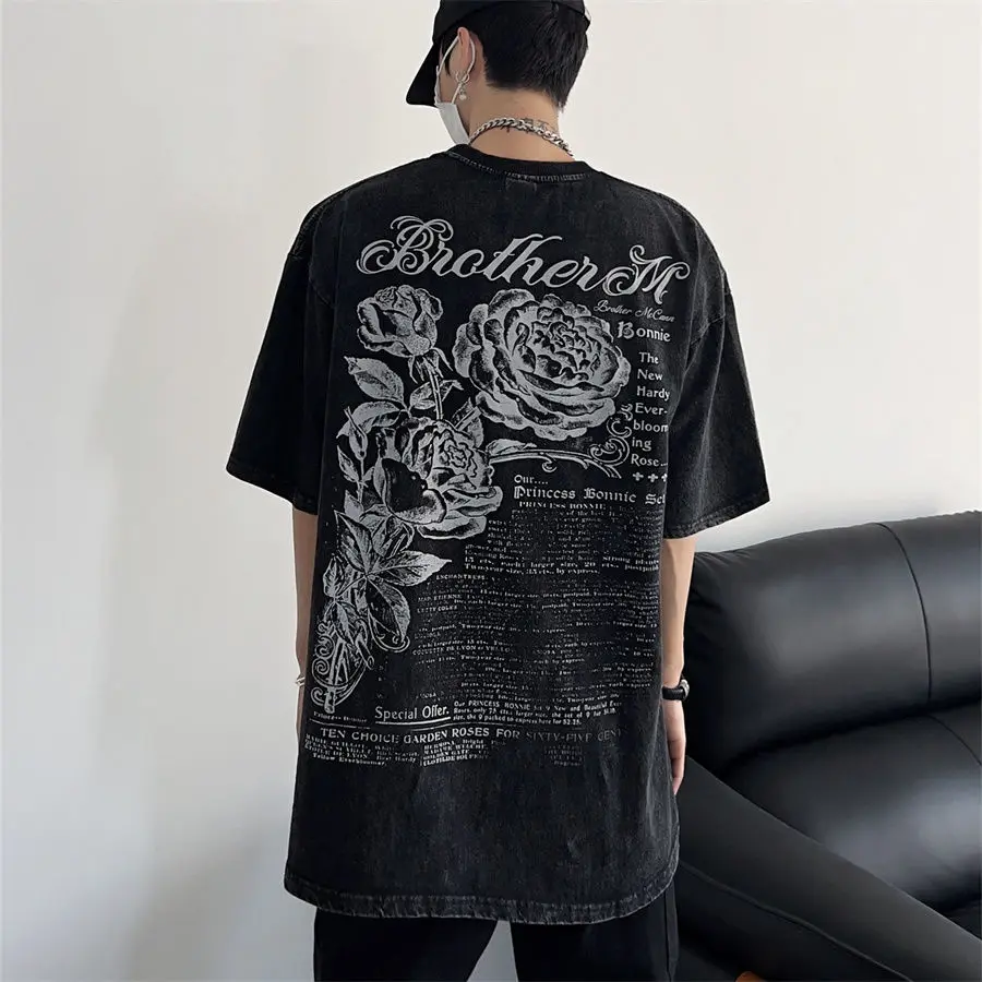 

Summer new pure cotton short-sleeved men's old washed American retro T-shirt loose large size high street top half-sleeved shirt