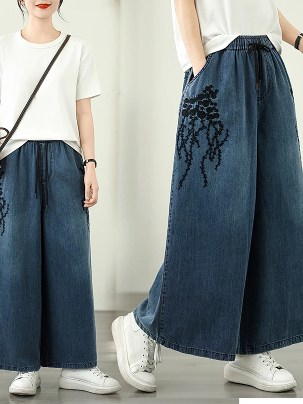 

Summer 2025 Loose plus Size Women's Ethnic Sle Heavy Embroidery Denim Wide Leg Pants Harold Eighteen Skirt Casual High Wais...