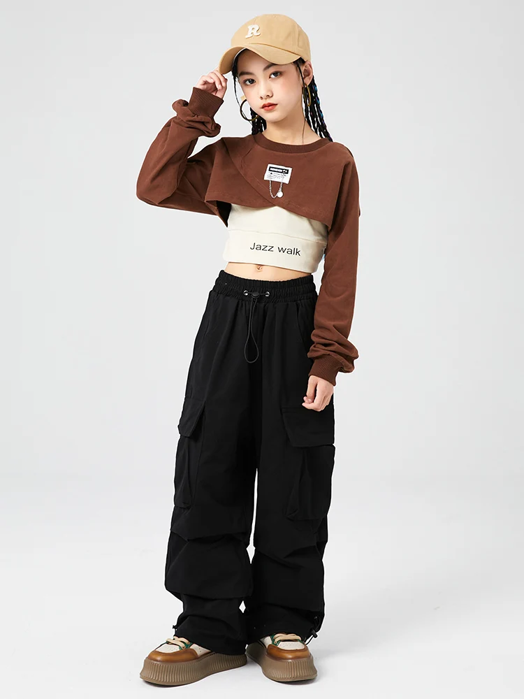 Ropa de Hip Hop Kpop para niñas, Tops cortos de manga larga de otoño, pantalones negros de Hip Hop, traje de actuación de baile moderno, ropa Rave L9343